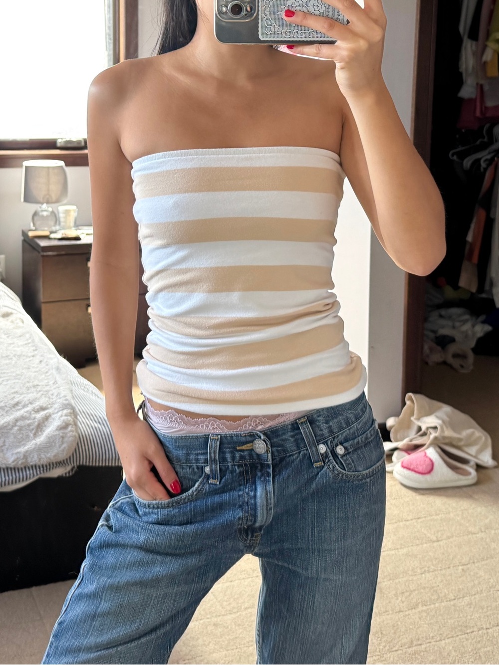 Y2K reversible tan and white striped tube top